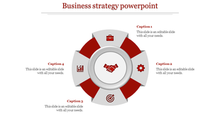 Business strategy template featuring a circular diagram with a handshake center, accompanied by icons and caption areas. 