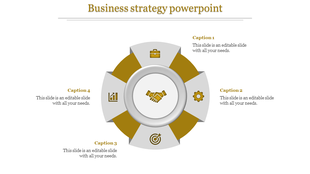 Business strategy slide with four sections, each showing an icon with captions.