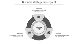 Gray circular diagram with three alternating dark and light segments, featuring a handshake icon at the center.