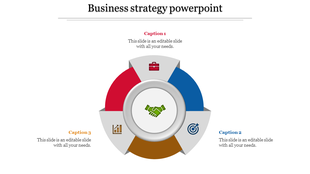Circular business strategy diagram with a handshake icon in the center, surrounded by four colored segments 