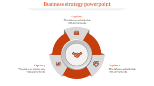 Business strategy PPT slide with orange icons for business, growth, and target strategy, and a handshake at the center.