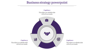 Circular purple design featuring business icons and a central handshake icon, with three captions around the edges.