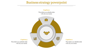 Business strategy PowerPoint template with icons for business, growth, and target strategy, with a handshake at the center.