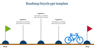 A slide featuring a bicycle roadmap showcasing a journey from start to stop with three caption sections.