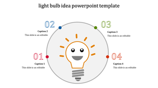 A smiling light bulb in the center, surrounded by four steps labeled with captions in red, blue, green, and orange.