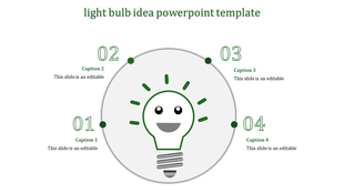 Creative green light bulb design in the middle of a circular diagram with four labeled points for captions.