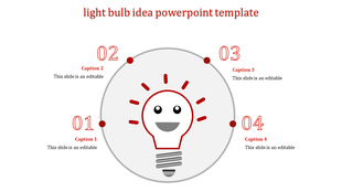 Circular infographic design with a red smiling light bulb in the center and four numbered captions around the circle.
