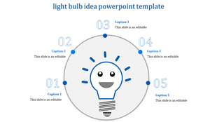 Circular infographic template featuring a blue smiling light bulb in the center, surrounded by five numbered steps with text.