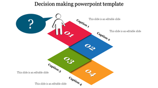 Colorful step by step decision-making diagram with numbered tiles from '01' to '04' and a figure at the starting point.