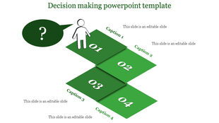 Green decision making PowerPoint template with four steps displayed on stacked squares and a figure next to a question mark.