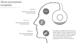 PowerPoint slide featuring a creative illustration of a head with headphones, surrounded by musical notes and instruments.