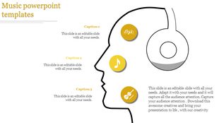 Outline of a head with headphones and yellow circular icons for music, notes, and a violin, in a creative layout.