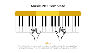 Music PowerPoint template featuring a piano keyboard and hands, with a yellow color description for emotional impact.