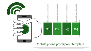 Mobile phone template with green accents showcasing steps 1 to 4 for a process presentation.