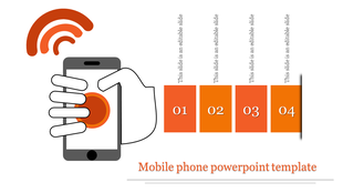 Illustration of a smartphone emitting orange signal waves, held by a hand, with sequential orange blocks for captions.