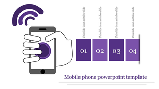 Hand holding a phone with purple design elements, signal waves, and sequential four numbered blocks on a white layout.