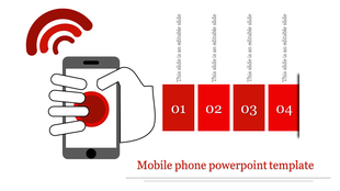 Graphic of a mobile phone with a red button, signal icon, and four sequential red rectangles for caption areas.