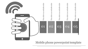 Mobile phone infographic with a hand tapping a gray button on the screen, Wi-Fi signal icon above, and five gray blocks.