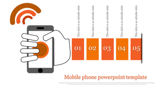 Mobile phone PowerPoint template with a hand interacting with the device and five numbered sections for content.