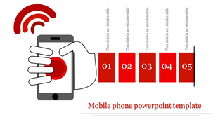 Mobile interaction concept with a hand pressing a screen, Wi-Fi signal above, and five numbered red blocks.