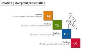 Slide featuring a colorful sequence of four numbered blocks, each with text and a walking figure with captions.