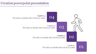A slide showing four purple captioned blocks with numbers and a walking figure in a creation PowerPoint template.