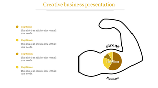 Creative design featuring a flexing arm outline with a pie chart, paired with four yellow captions on the left.