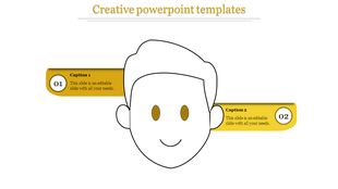 Creative PowerPoint template with a cartoon character and sections for captions in yellow and gold colors.