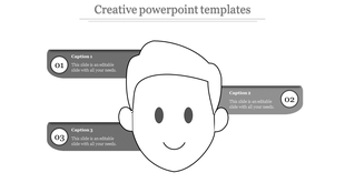 Gray creative PowerPoint template with a cartoon character and sections for captions.