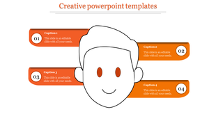 Minimalist face creative illustration with four orange text boxes, two on each side, numbered 01 to 04 with captions.