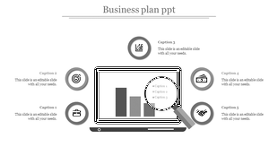 Business plan slide with a laptop displaying a bar chart, including icons for target, briefcase, finance, and collaboration.