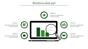 Infographic slide featuring a laptop showing a bar chart, magnifying glass, and five green circular icons with text.
