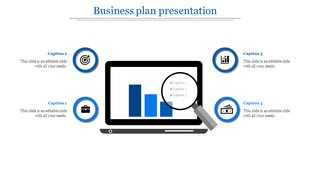 Business plan presentation slide showing a laptop with a bar graph and four captions with icons for business concepts.