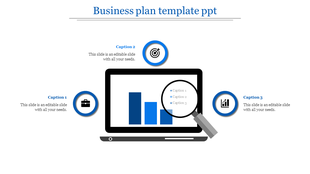 A business plan template with a laptop, magnifying glass, and bar graph with icons and captions.