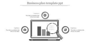 Gray toned slide featuring a laptop with a magnifying glass over a bar chart, and three circular icons representing steps.
