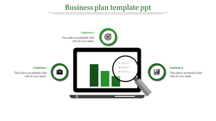 Business plan slide with a central laptop displaying a bar chart, surrounded by three green icons connected to captions.
