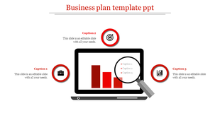 Business plan PowerPoint slide with a laptop showing a bar chart and three captions for business elements.