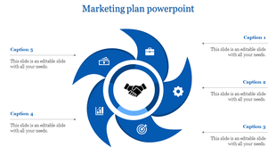 Marketing strategy infographic with a blue pinwheel design, a handshake icon, and business-related icons on each blade.