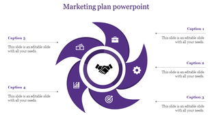 Purple swirl design with central handshake icon, surrounded by five business symbols and captions on both sides.
