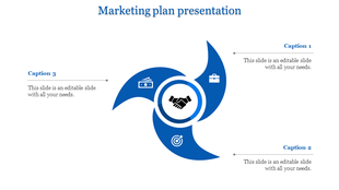 Marketing slide with flowing blue petal design, centered partnership symbol, and three connected text areas.