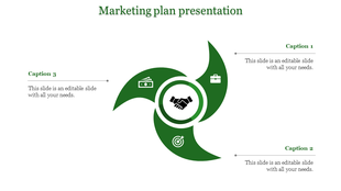 Marketing plan PowerPoint slide with green swirl design and icons representing finance, business, handshake, and goals.