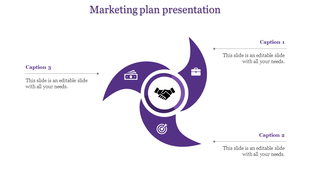 Marketing slide featuring three-petal purple design with business icons and handshake symbol in center.
