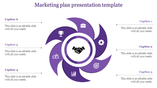 Marketing template featuring rotating purple petals with business symbols around partnership emblem with caption areas.