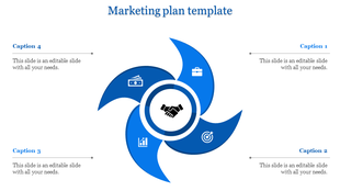 Marketing plan PowerPoint slide featuring four colored sections with icons for business, finance, strategy, and handshake.