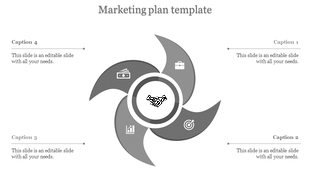 Circular design with four gray curved sections, featuring a central handshake, and captions aligned around the graphic.