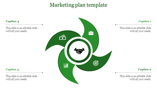 Green pinwheel design with four blades surrounding a central handshake symbol, each featuring distinct icons.