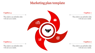Dynamic marketing plan template with a rotating red swirl design, featuring business icons and placeholder text areas.