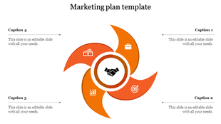 Orange pinwheel infographic with four blades, each containing business-related icons, centered around a handshake symbol.