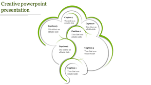Green gradient cloud shaped diagram with seven overlapping circular sections and caption placeholders.