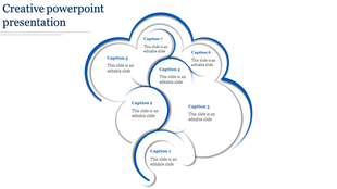Creative PowerPoint slide with a cloud shaped design and seven sections for captions in blue tones.